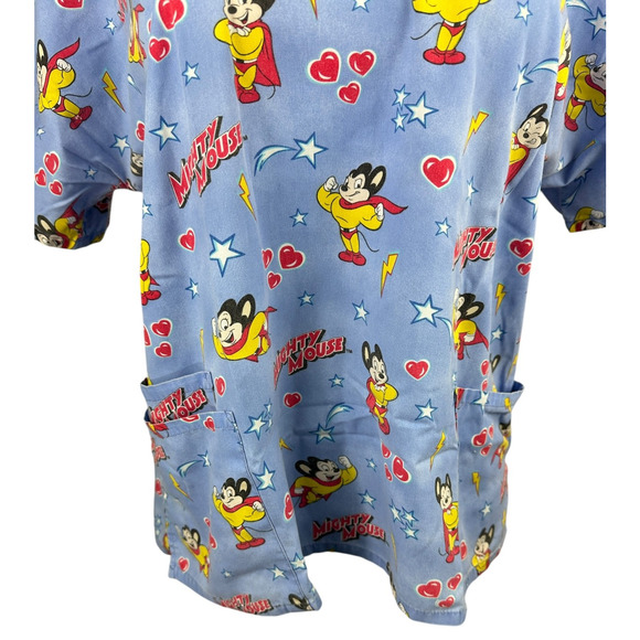 ✨2/$20 Mighty Mouse Cartoon Graphic Nurse CNA V-Neck Scrub Top Blue Size Large - Picture 7 of 16